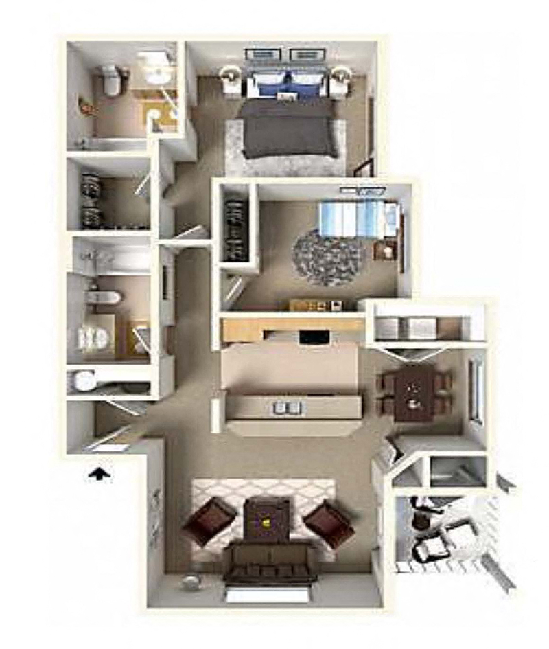 Floor plan for 2 beds, 2 baths, 963 sqft